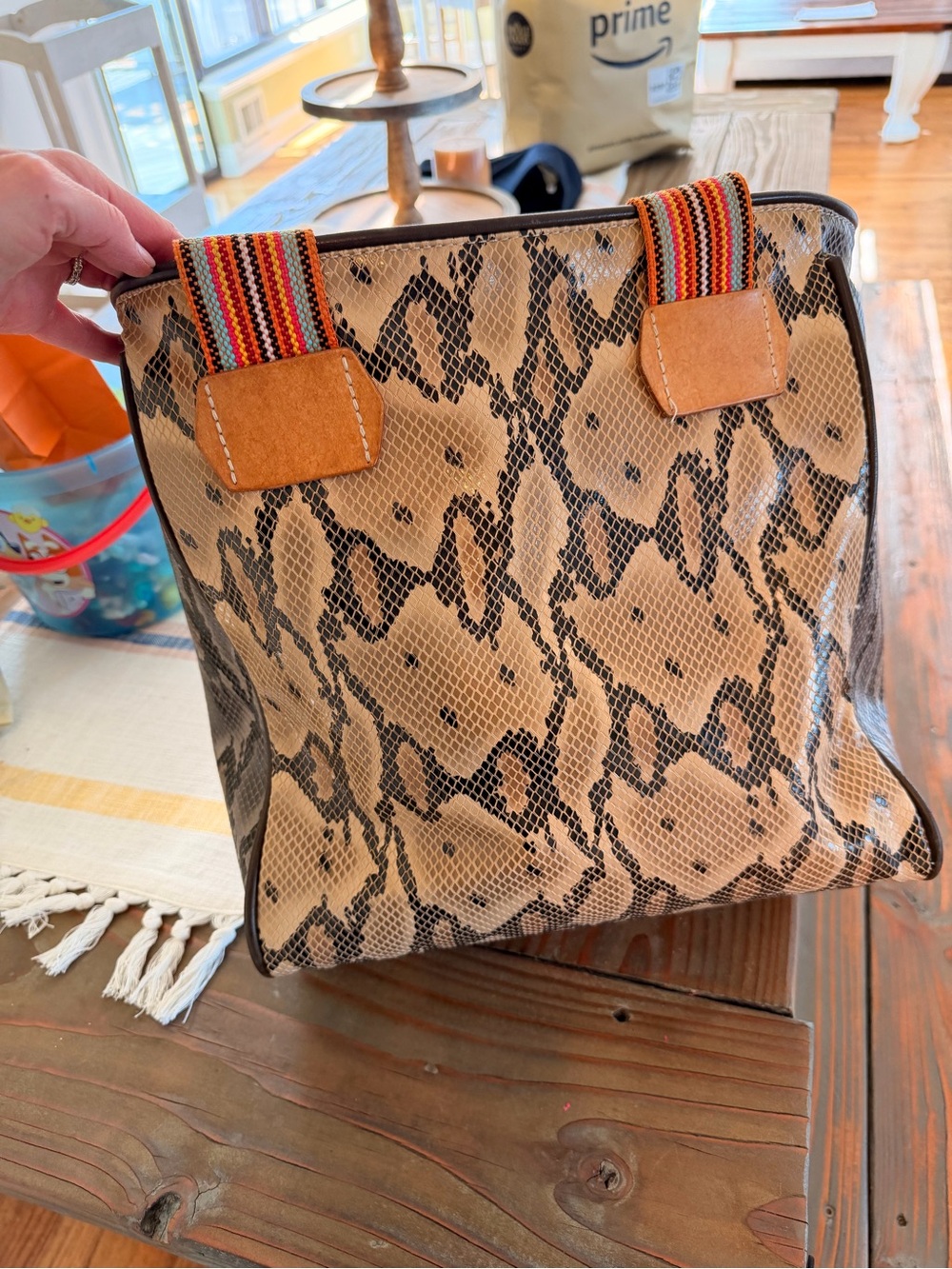 Consuela Snake-Print Tote with Colorful Striped Handles - Tan & Black